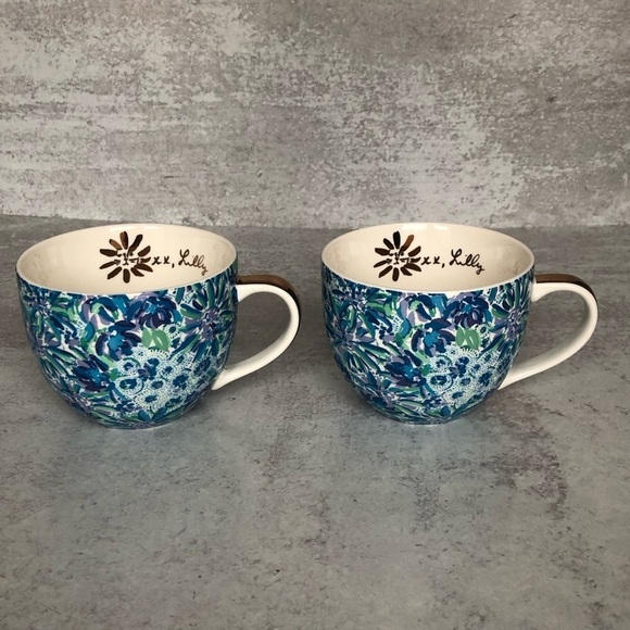 Lilly Pulitzer Ceramic Mugs Cups 2 Piece Blue Floral Print - Picture 2 of 10